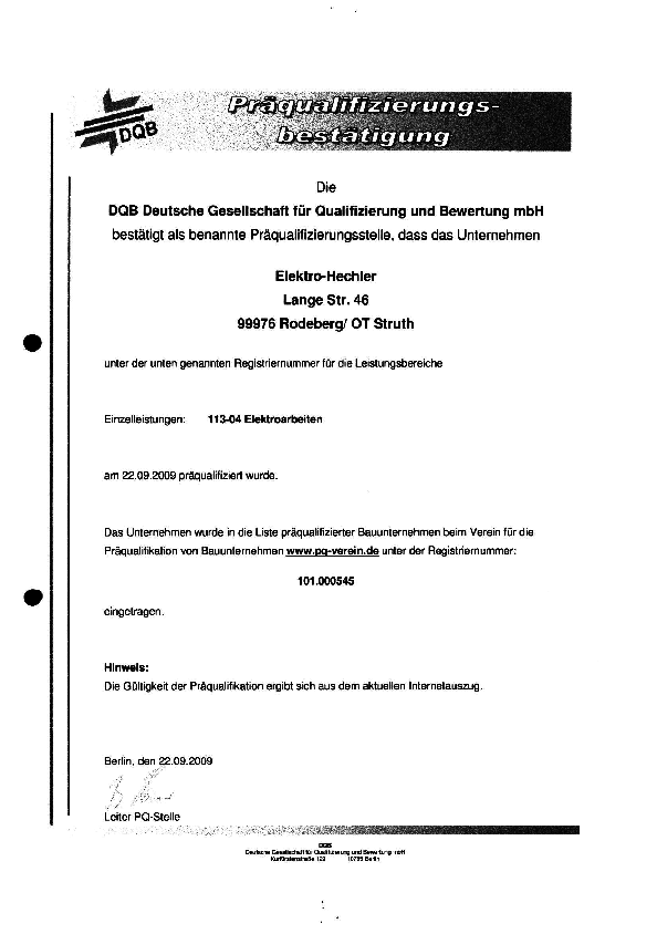 Präqualifizierung Elektroarbeiten